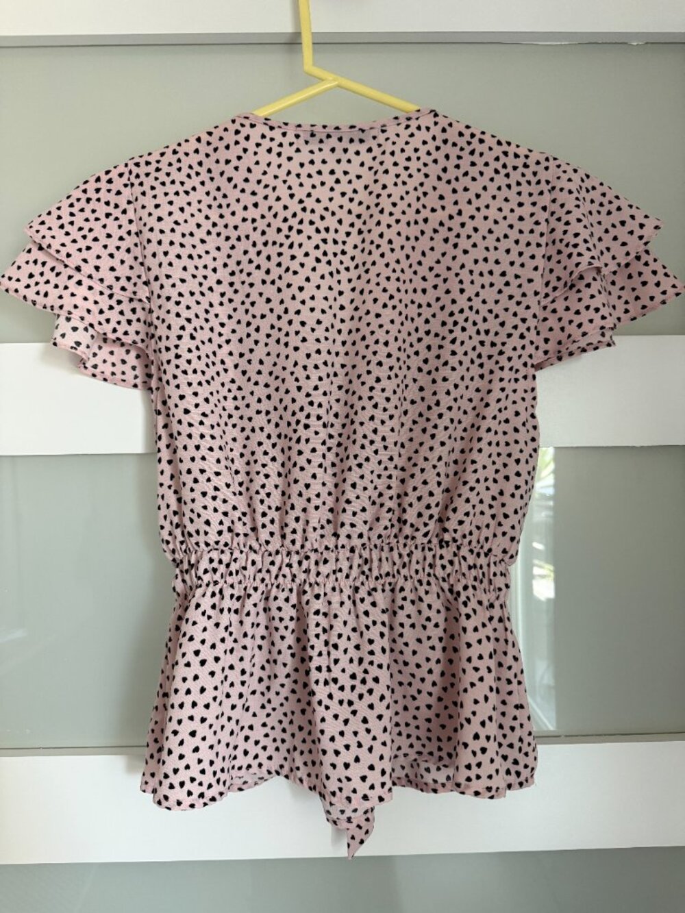 Sweet Rain Blush Pink Black Heart Print Wrap Flutter Sleeve Top - Picture 2 of 2